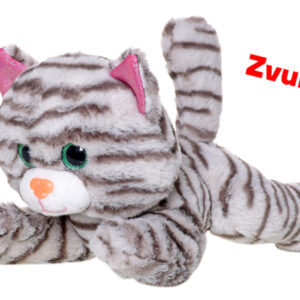 Kočka plyšová 23cm ležící na baterie se zvukem a třpytivé oči