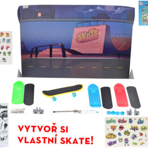 Sada pro složení a dekoraci skateboardu 9,5cm 4ks s doplňky v krabičce