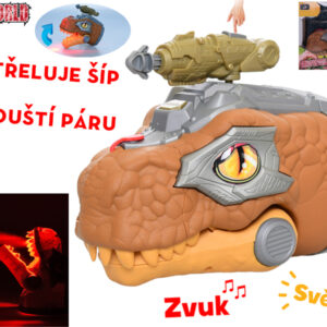 Dinoworld dinosaurus hlava 17cm na baterie chrlící páru se světlem a zvukem v krabičce