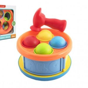 Zatloukačka/Bubínek 17cm 2v1 plast s kladívkem s míčky 4ks 2 barvy v krabici 18x20x10cm 12m+