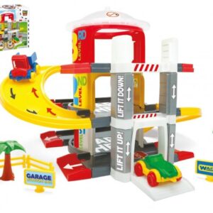 Garáž s výtahem 3 patra + dráha 2,3m + 2 auta plast v krabici 59x40x15cm Wader 12m+